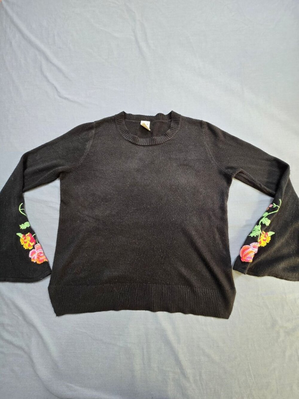 Large Knit Sweater Black Embroidered Floral Bell Sleeves